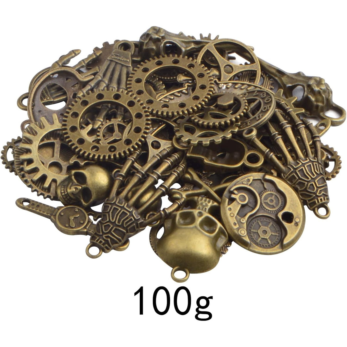 100 Gram Antique Bronze Steampunk Gears Charms Vintage Alloy Mixed Watch Wheel Cog Skull Hands Skeleton Keys Pendant for Art Craft Jewelry Making Pirate Cosplay Decor