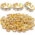 100pcs 10 mm Rhinestone European Beads Crystal Rondelle Spacer Beads Brass Large Hole Loose Charm Beads for DIY Snake Chain Bracelets Necklaces Jewelry Making Accessories, Golden, Hole: 4.6 mm