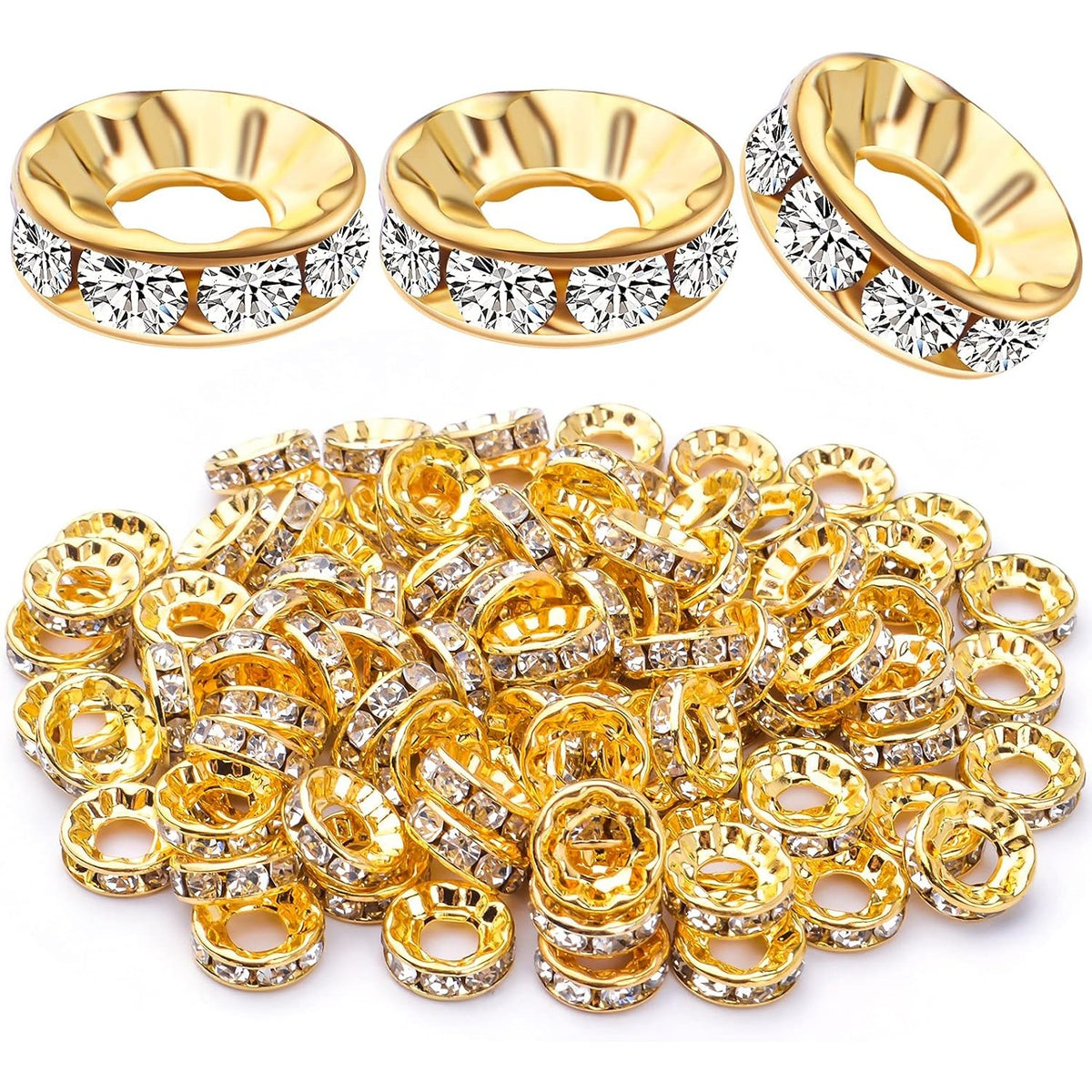 100pcs 10 mm Rhinestone European Beads Crystal Rondelle Spacer Beads Brass Large Hole Loose Charm Beads for DIY Snake Chain Bracelets Necklaces Jewelry Making Accessories, Golden, Hole: 4.6 mm