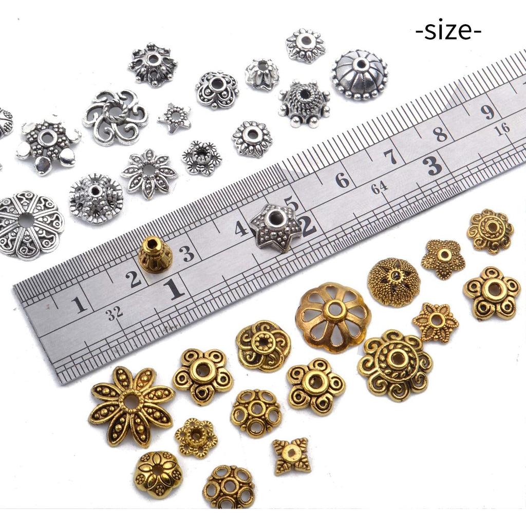 100g (200-350pcs) Mixed Metal Flower Bead Caps Spacer Beads Bali Style Jewelry Findings for DIY Crafting Jewelry Making, Antique Gold and Antique Silver