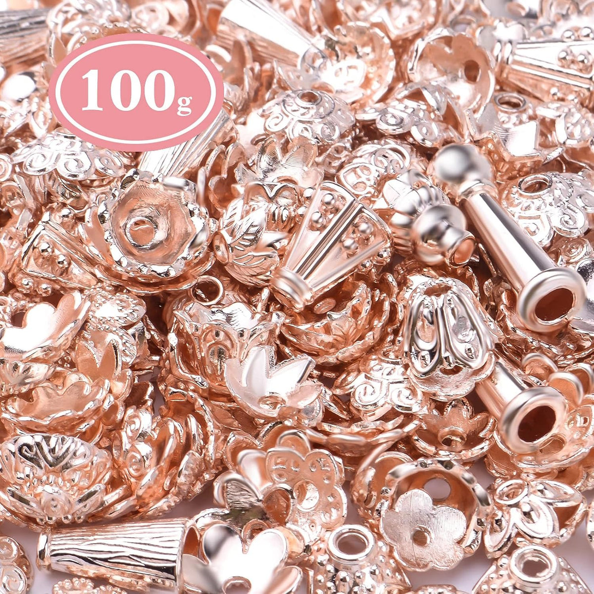 100g Rose Gold Mixed Styles Flower Bead End Caps Flower Spacer Beads Jewelry Making for DIY Necklace Bracelet Earrings Crafts Handmade Decoration