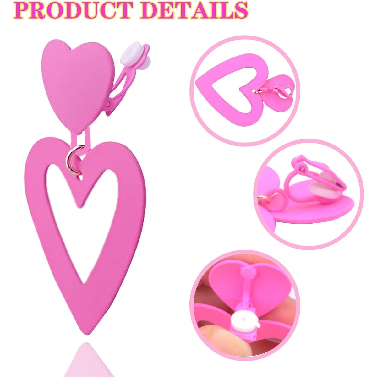2pcs Clip on Pink Heart Earrings for Women, Double Love Heart Non-Pierced Drop Dangle Earring Clips Jewelry Mother's Day Gifts for Birthday Christmas Wedding Party Prom