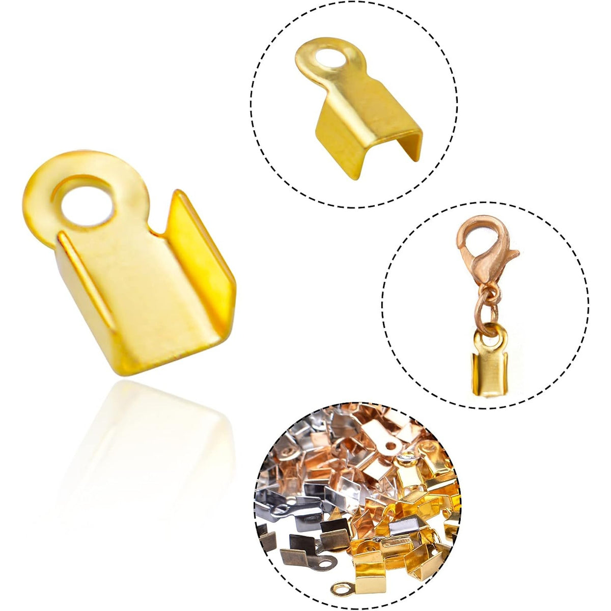 1200pcs 6 Colors Metal Fold Over Crimp Cord Ends Crimp End Caps Terminators Clamp End Tips Leather Ribbon Ending Clasp Tips for Jewelry Making Finding