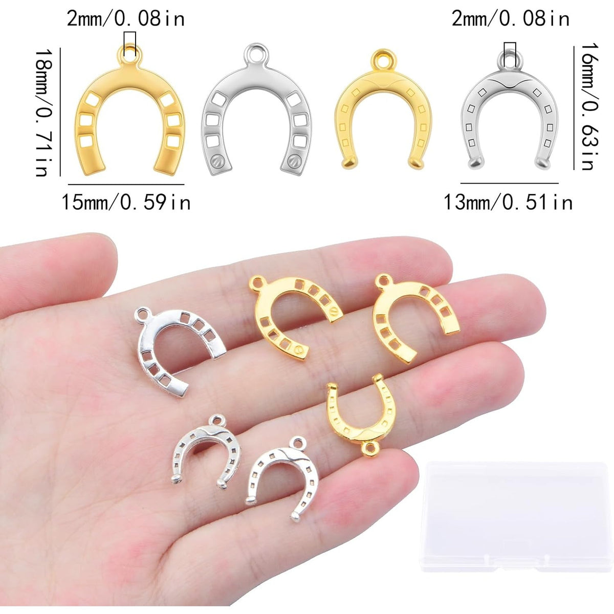 100pcs 2 Styles Vintage Horseshoe Shape Charms Alloy Western Lucky Horseshoe Dangle Pendants with a Plastic Box for DIY Necklace Earrings Crafts Jewelry Making, 2 Colors