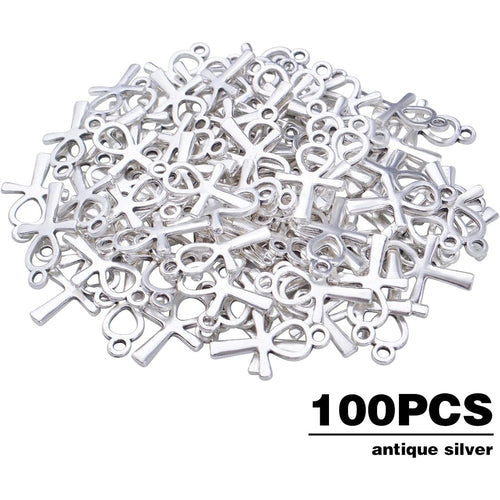 100pcs Antique Silver Double Sided Cross Charms Tibetan Alloy Religious Crucifix Crosses Pendants for DIY Crafts Necklace Bracelet Jewelry Making Sunday School Party Favors