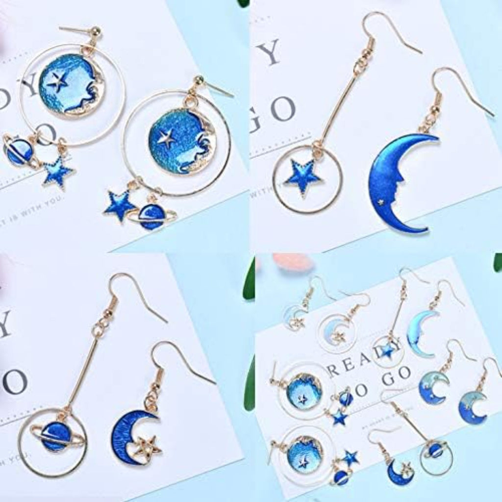 24 Pieces Gold Plated Enamel Charms Pendants, Blue Enamel Moon Star Pendant Crafting Accessories for Making Earrings Necklace DIY, 8 Styles