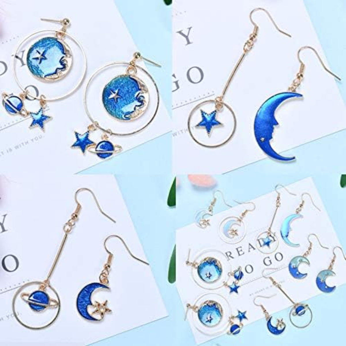 24 Pieces Gold Plated Enamel Charms Pendants, Blue Enamel Moon Star Pendant Crafting Accessories for Making Earrings Necklace DIY, 8 Styles