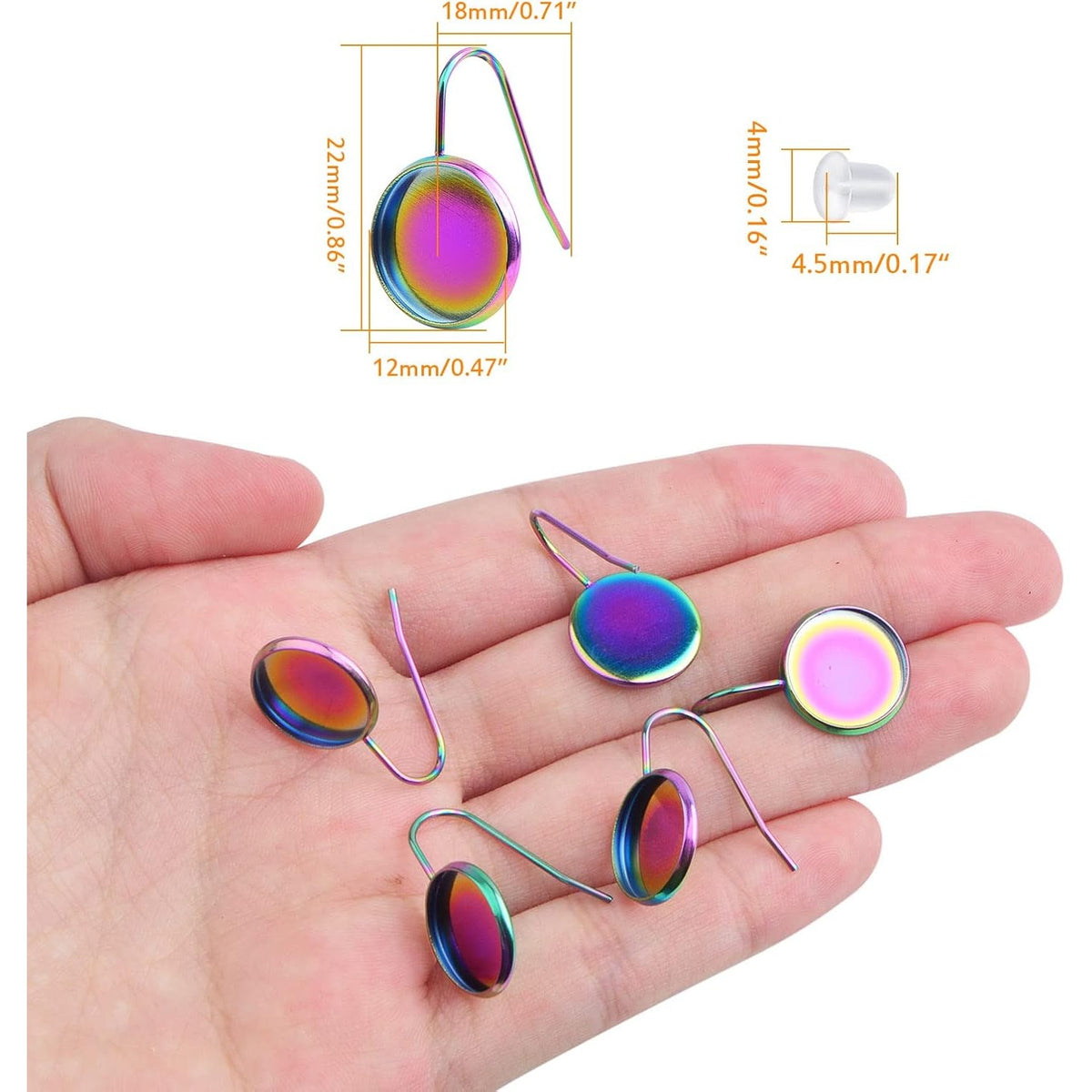 20pcs 12mm Rainbow Color Earring Wire Hooks Blanks Stainless Steel Flat Round Bezel Trays Cabochon Settings and 20pcs Earring Backs for DIY Earrings Jewelry Making Supplies