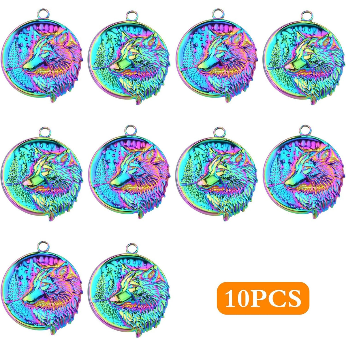 10pcs Rainbow Color Hypoallergenic Wolf Head Charms Stainless Steel Animal Head Shape Dangle Pendants Hanging Ornaments for DIY Necklace Bracelet Jewelry Making Supplies