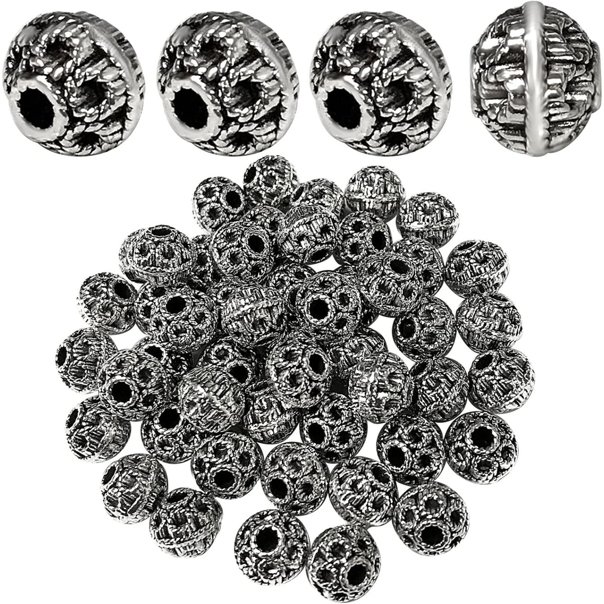 50pcs Antique Silver Spacers Beads Alloy Round Ball Spacer Beads Rondelle Beads Loose Bead Charm Beads for Jewelry DIY Bracelet Crafts Making Finding