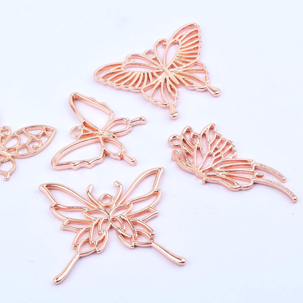 20pcs Rose Golden Butterfly Shape Open Back Bezel Pendants Alloy Hollow Butterfly Wings Frame Resin Mould Charms for DIY Necklace Earrings Jewelry Making Findings, 5 Styles