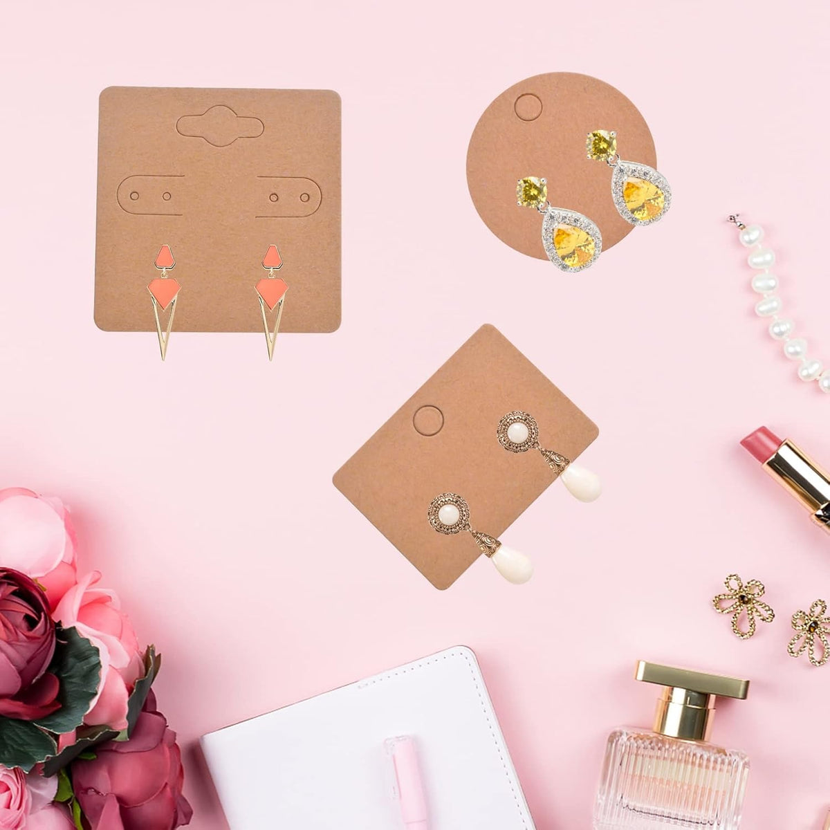 300 Sheets Brown Blank Earring Holder Cards Kraft Paper Jewelry Display Cards Price Tags for Hanging Necklace Hoops Earrings Jewelry Display Supplies, 3 Styles