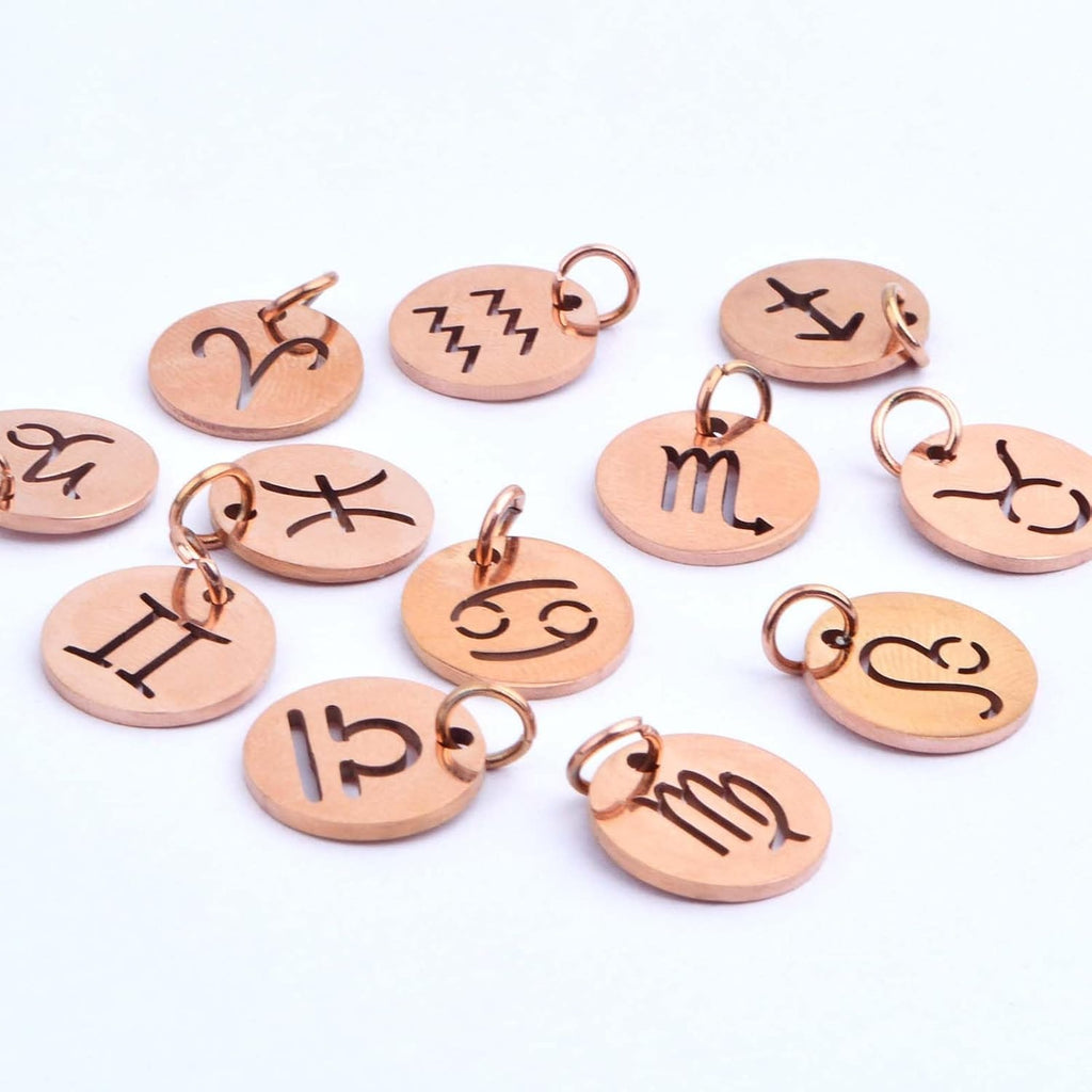 12pcs Stainless Steel Flat Round 12 Constellations Charms Hypoallergenic Zodiac Sign Pendants with Rings for DIY Necklaces Earrings Crafts Jewelry Making, Rose Golden