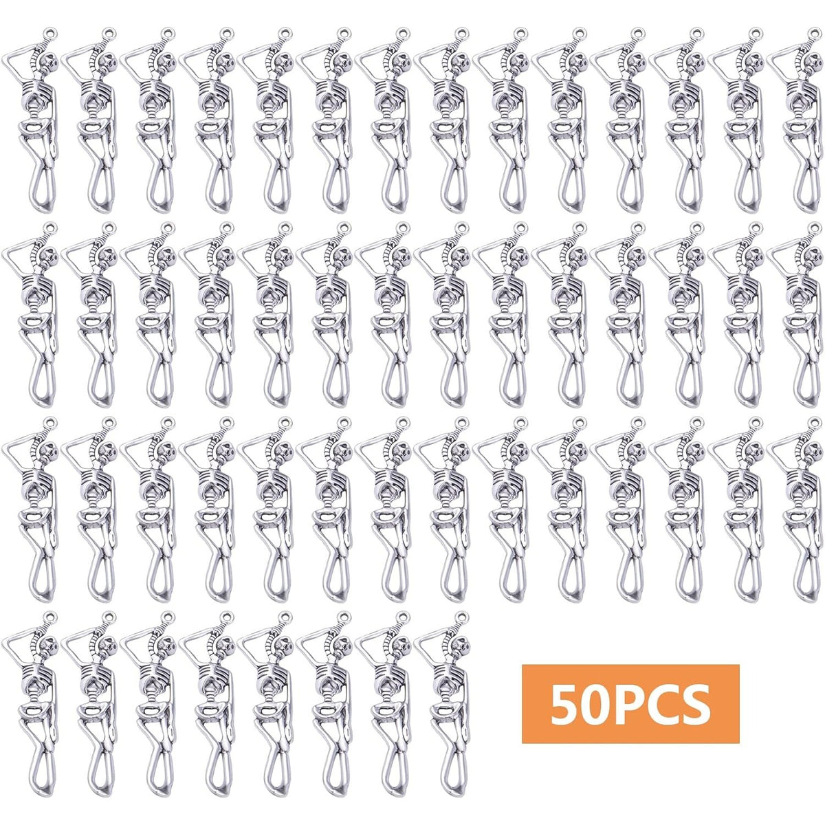 50pcs Antique Silver Skeleton Skull Charms Tibetan Alloy Vintage Dangle Skull Pendants for DIY Bracelet Necklace Jewelry Making Halloween Party Decoration, 42 mm x 12 mm