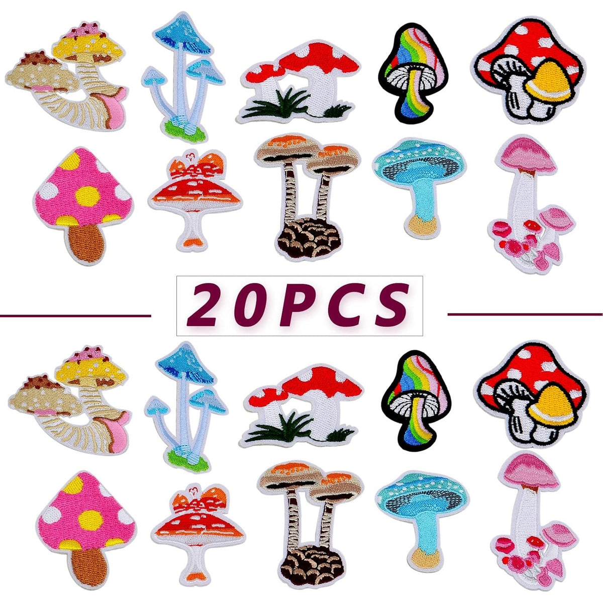 20 Pieces Mushroom Embroidered Patches Iron-on Mixed Styles Mushroom Applique Sewing Embroidery Patches for Clothes Dress Hat Pants Shoes Curtain Backpack Bags Decoration