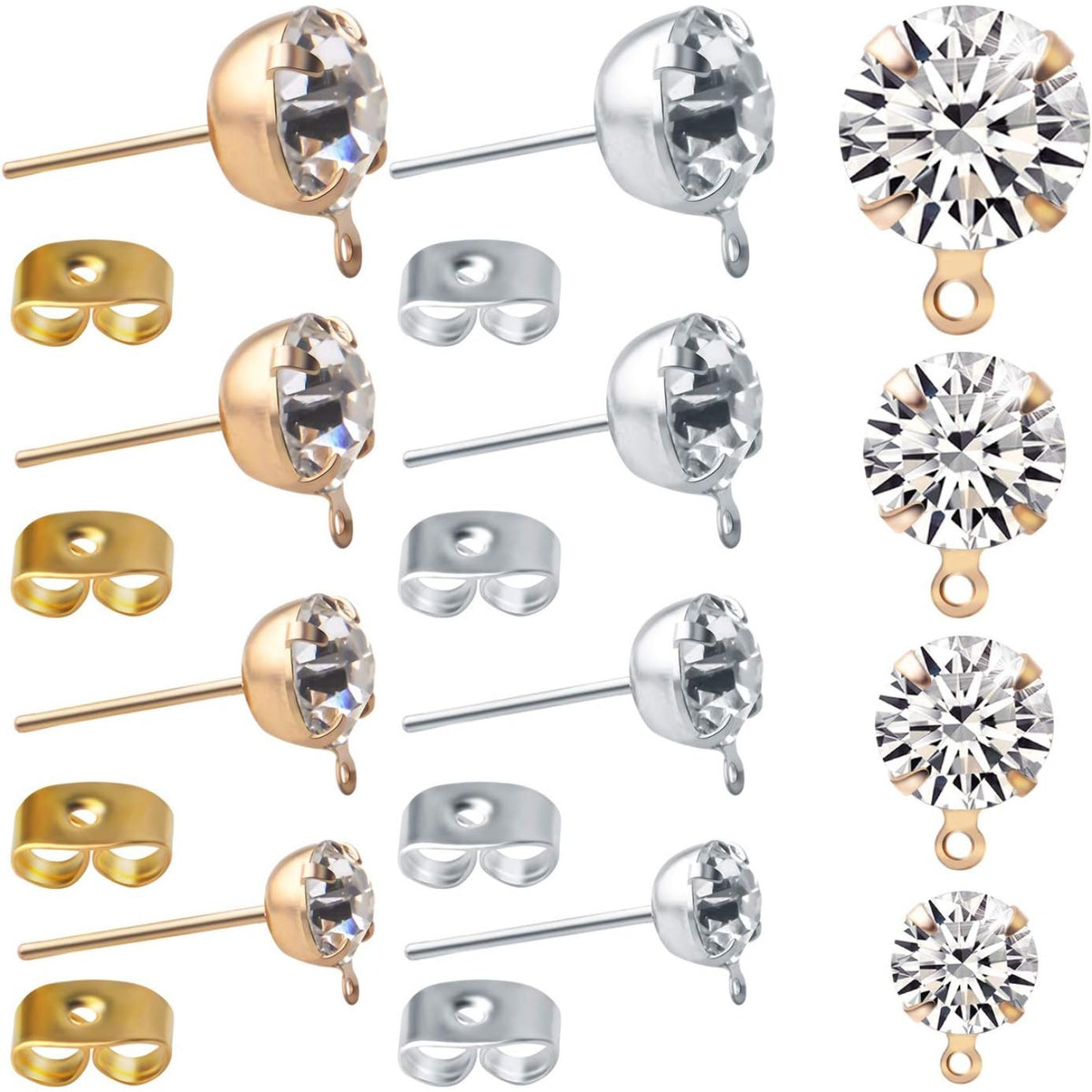 80pcs Rhinestone Hypoallergenic Earring Posts Stud Earrings with Loop and 80pcs Butterfly Ear Back Earrings for DIY Earring Jewelry Making Findings, 4 Sizes