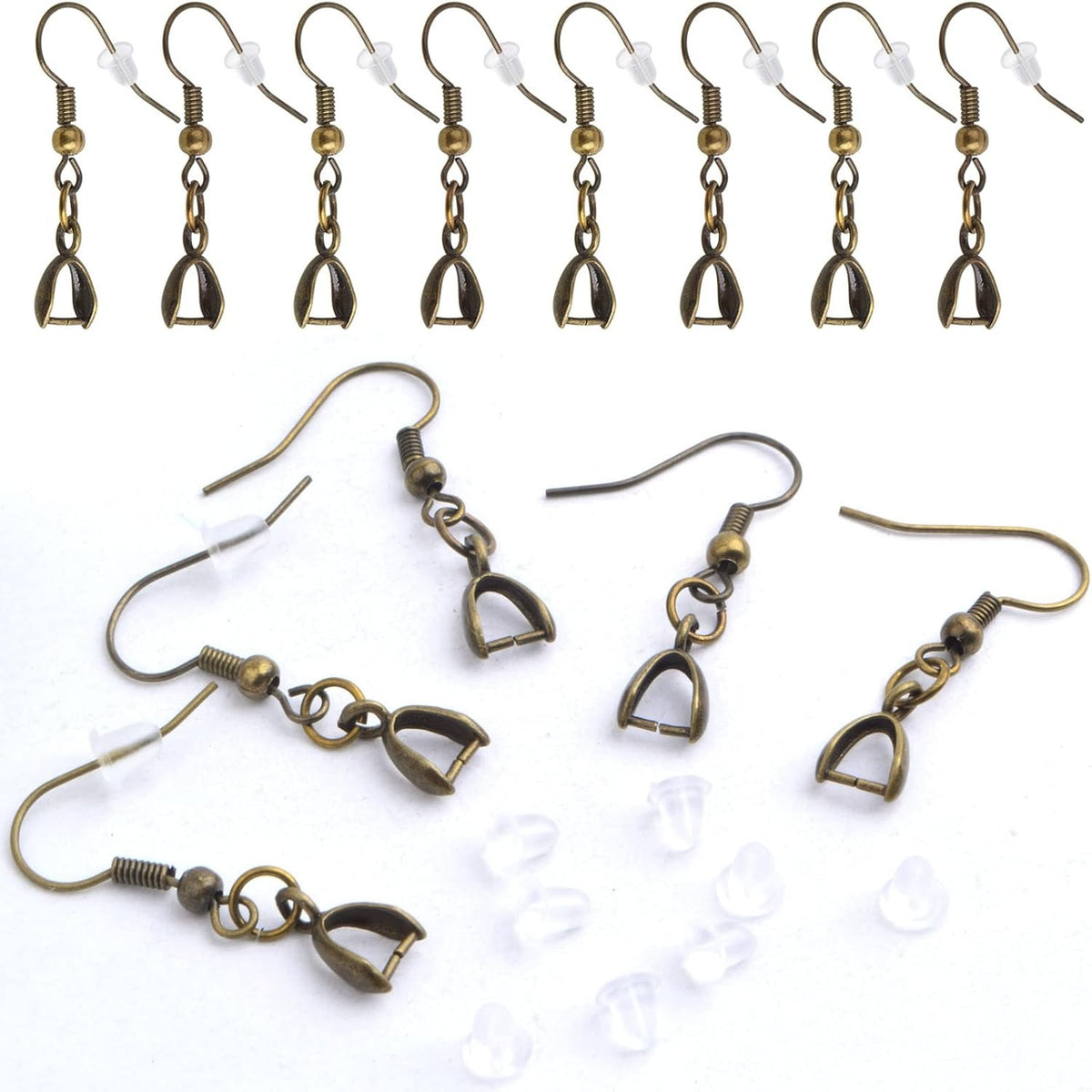50pcs Antique Bronze French Earring Fish Hooks Hypoallergenic Brass Earwire Hooks with Pendant Clasps and 50pcs Clear Earring Safety Backs for DIY Earrings Making Findings