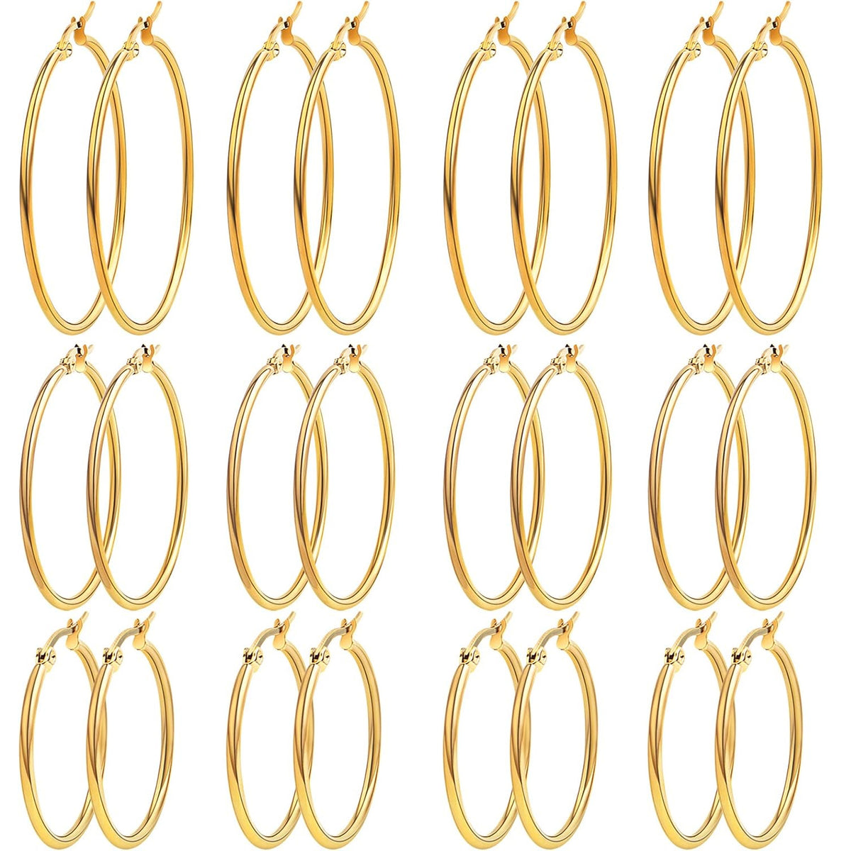 12 Pairs 3 Sizes 4 Colors Hypoallergenic Earring Hoops Findings Stainless Steel Hoops Earrings Set Big Open Beading Hoop Earrings for DIY Art Crafts Jewelry Making