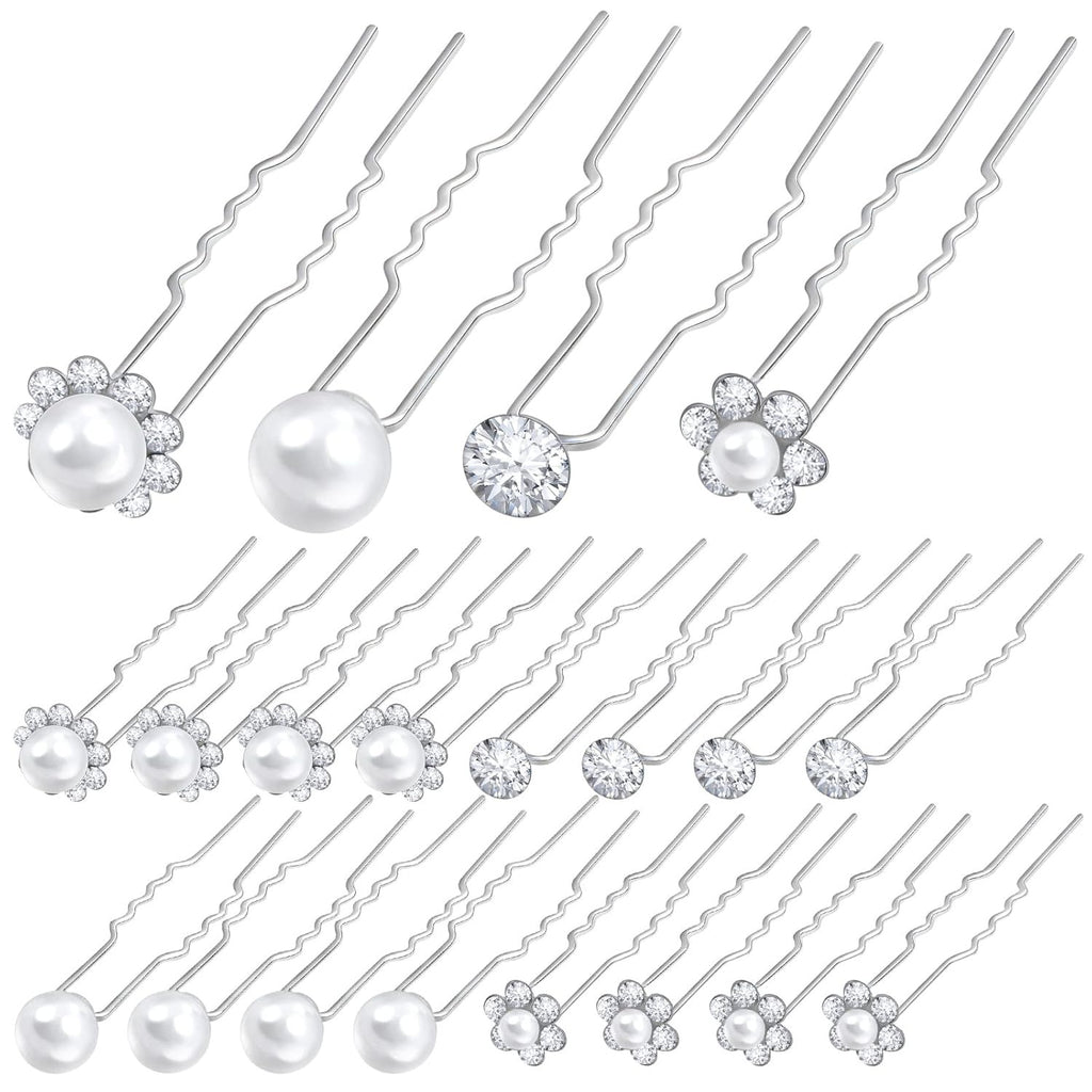 24pcs Silver Pearl Hair Pins Headpiece Metal U-shaped Rhinestone Flower Embellished Bobby Pins Bridal Hair Accessories for Women Girls Bride Bridesmaid Wedding, 4 Styles