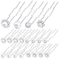 24pcs Silver Pearl Hair Pins Headpiece Metal U-shaped Rhinestone Flower Embellished Bobby Pins Bridal Hair Accessories for Women Girls Bride Bridesmaid Wedding, 4 Styles