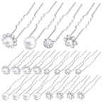 24pcs Silver Pearl Hair Pins Headpiece Metal U-shaped Rhinestone Flower Embellished Bobby Pins Bridal Hair Accessories for Women Girls Bride Bridesmaid Wedding, 4 Styles
