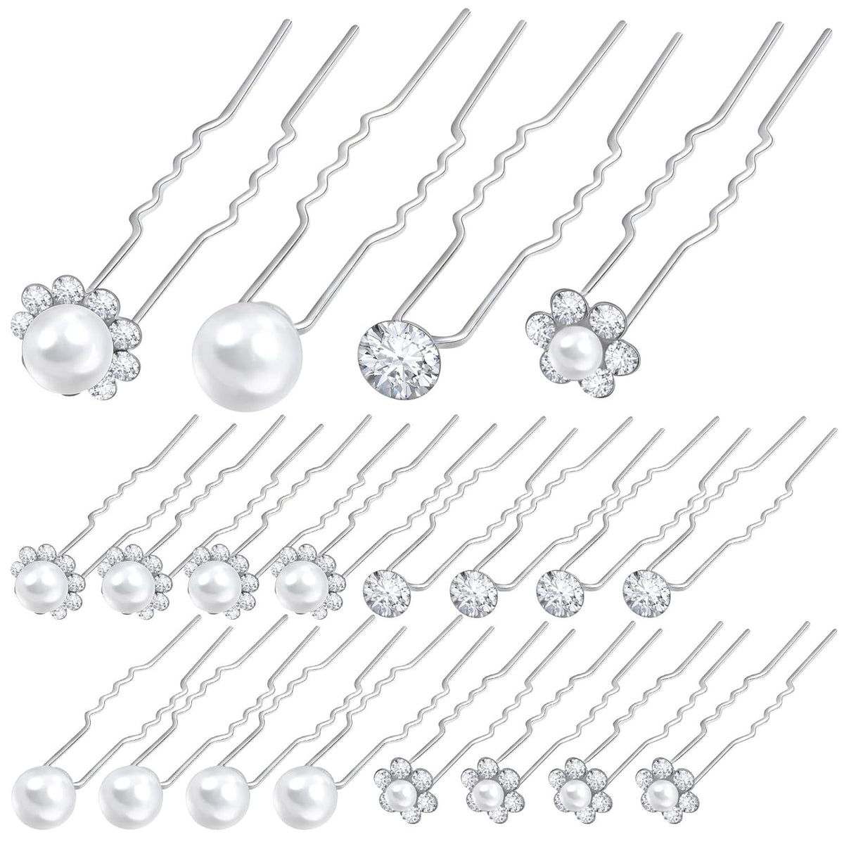 24pcs Silver Pearl Hair Pins Headpiece Metal U-shaped Rhinestone Flower Embellished Bobby Pins Bridal Hair Accessories for Women Girls Bride Bridesmaid Wedding, 4 Styles