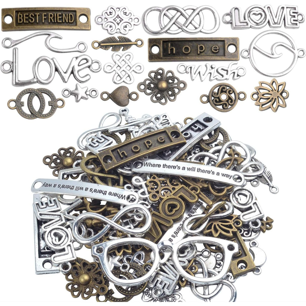 Craft Supplies Charms, 100g (about 78pcs) Mixed Words Message Star Moon Feather Charms Pendants Infinity Symbol Lozenge Flower Connectors Links Jewelry Making Accessories for Crafting