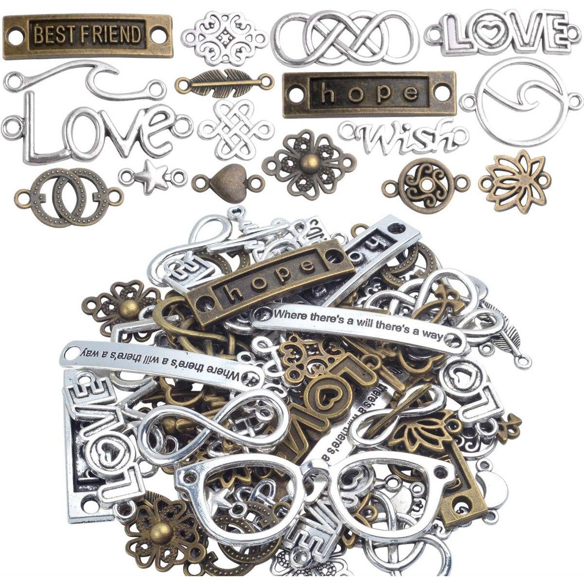Craft Supplies Charms, 100g (about 78pcs) Mixed Words Message Star Moon Feather Charms Pendants Infinity Symbol Lozenge Flower Connectors Links Jewelry Making Accessories for Crafting