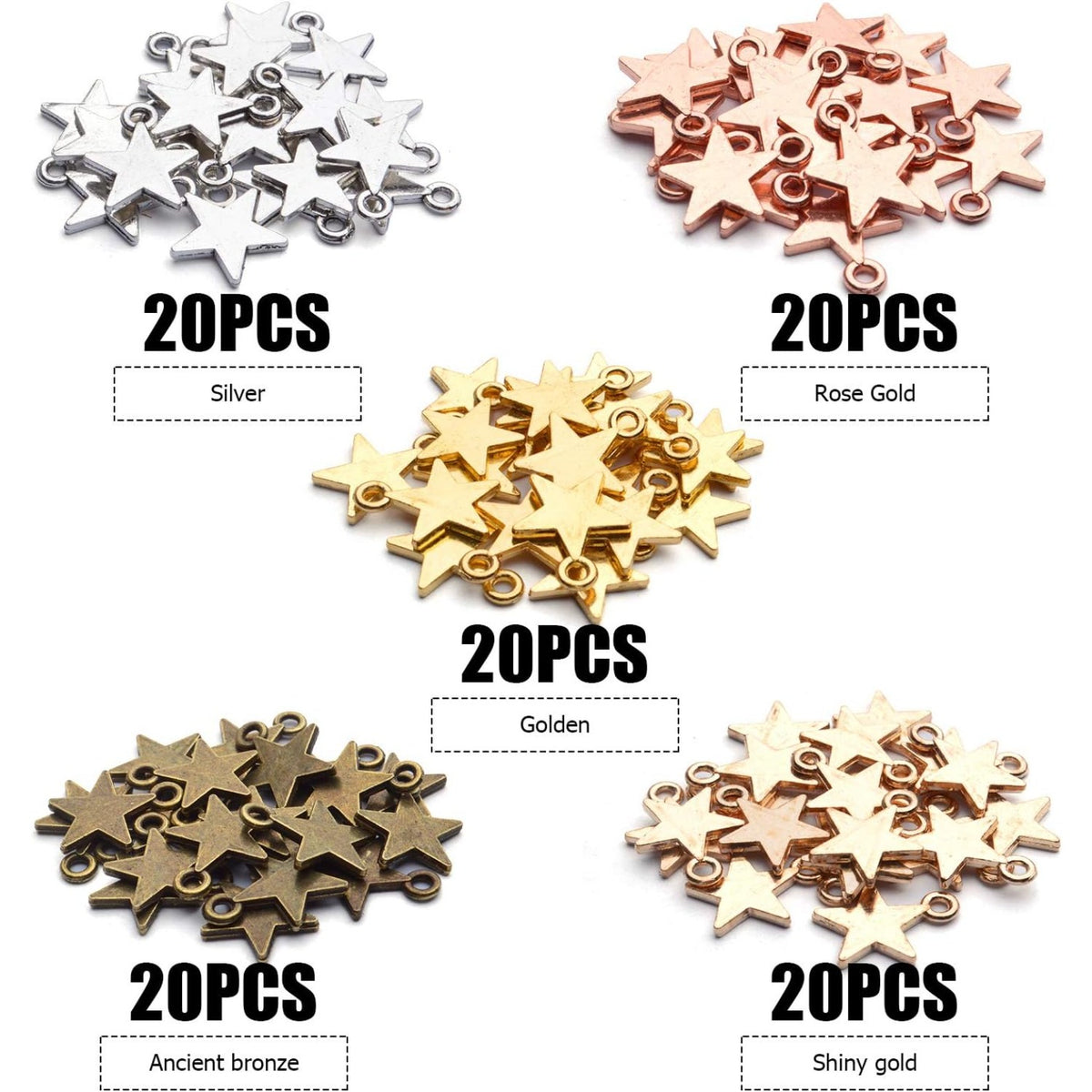 100pcs 16mm Alloy Star Charms Tibetan European Star Shape Charm Jewelry Charms Star Pendant for Necklace Bracelet Crafts Jewelry Making, 5 colors