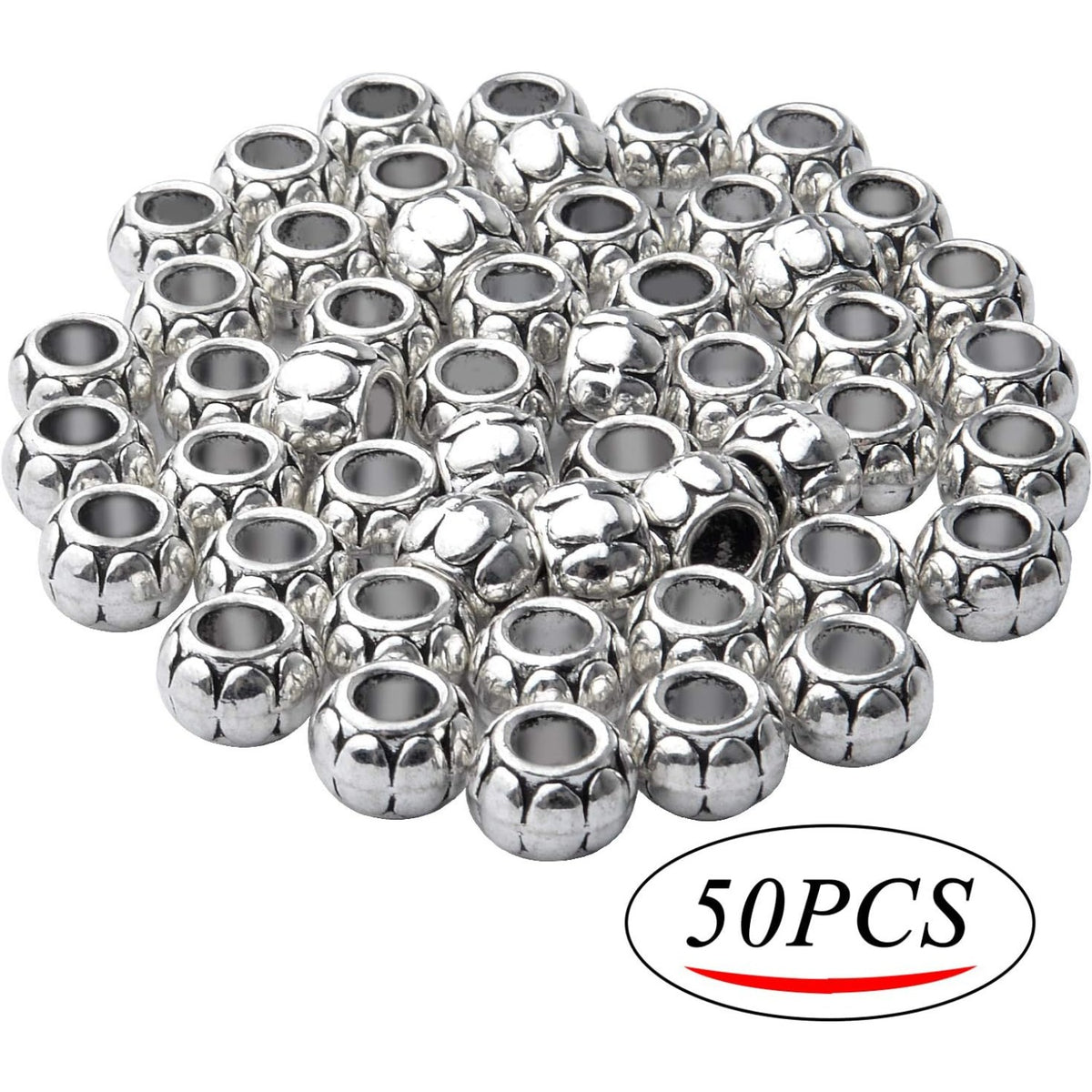 50pcs Antique Silver 5mm Large Hole Spacers Round Spacer Beads Alloy European Style Tube Beads Jewelry Spacer Charms for DIY Bracelet Jewelry Crafts Making