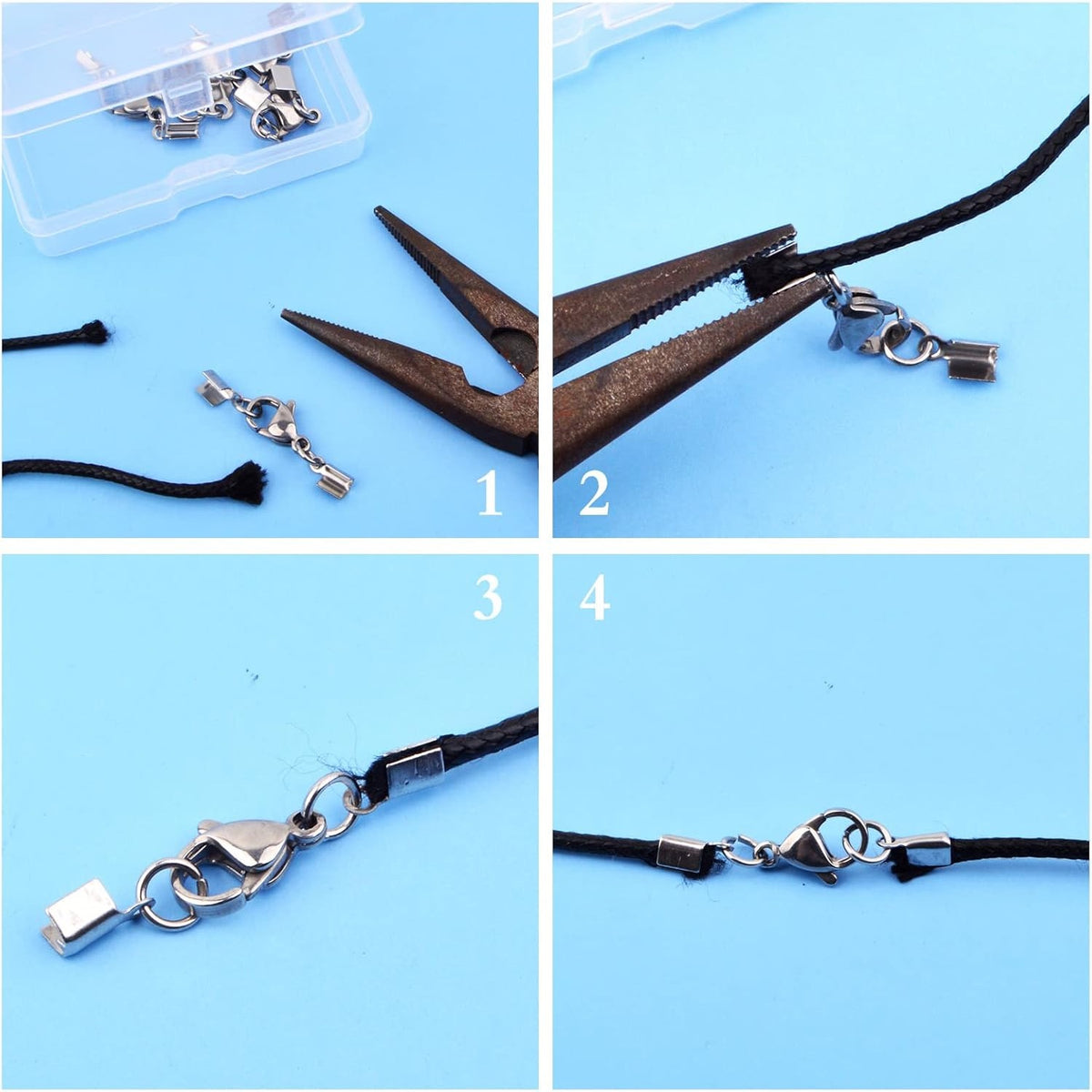 20pcs Lobster Claw Clasps with Cord Ends Stainless Steel Leather Fold Over Necklace Cord End Caps Connector with a Plastic Box for DIY Bracelets Chokers Jewelry Making, 5 Sizes