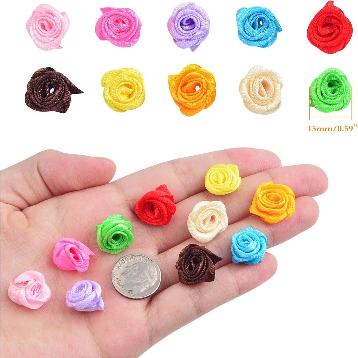 200pcs Mini Satin Ribbon Roseflowers Multicolor Fabric Flowers Cute Satin Roses Embellishments Small Rosettes Applique for Sewing Crafts Wedding Gift Wrapping Decor