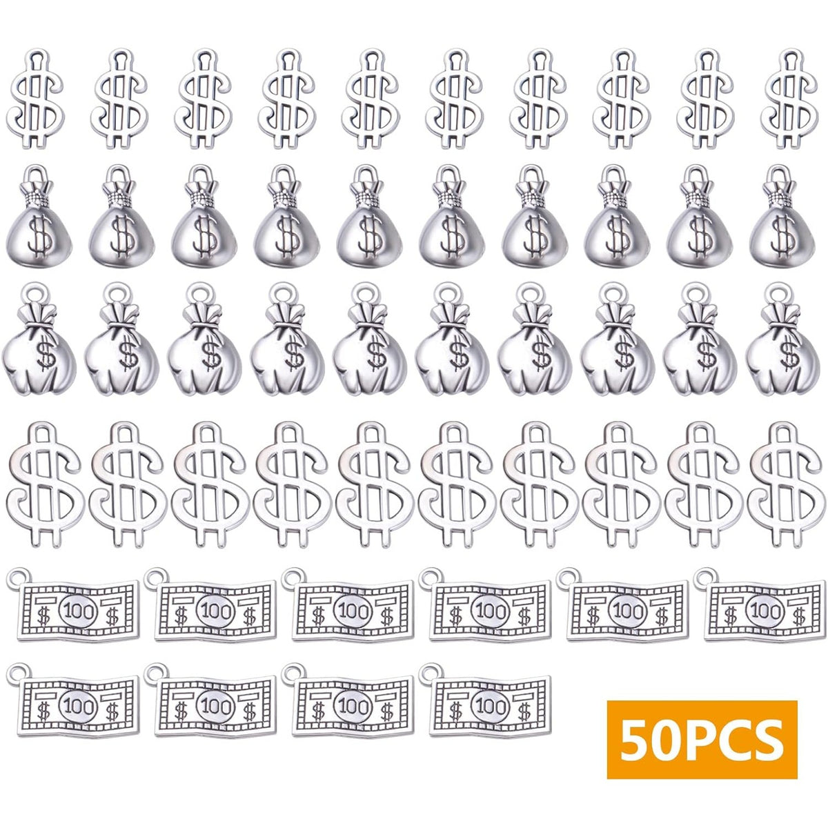 50pcs Antique Silver Dollar Sign Charms Tibetan Alloy Money Bag Pendants 100 Dollars Bill Charms for DIY Bracelets Necklace Jewelry Making Handmade Decoration, 5 Styles