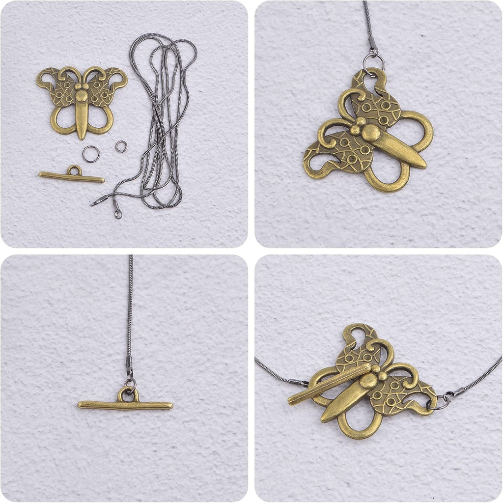 20 Sets Butterfly Bracelet Toggle Clasps T-Bar End Tibetan Closure Filled Fastener Hook Toggle Connectors for DIY Necklace Jewelry Craft Making, 2 Colors
