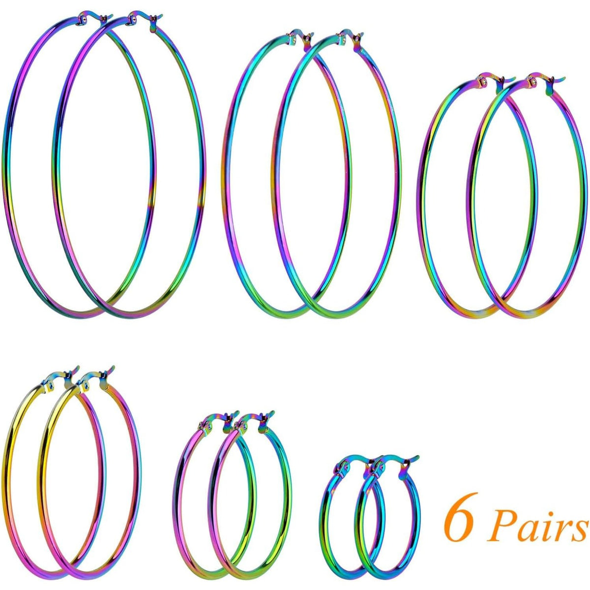 6 Pairs Stainless Steel Earring Beading Hoops Hypoallergenic Round Hoop Earrings Findings Art Accessories for DIY Earring Crafts Jewelry Making, 20/30/40/50/60/70mm, Rainbow Color