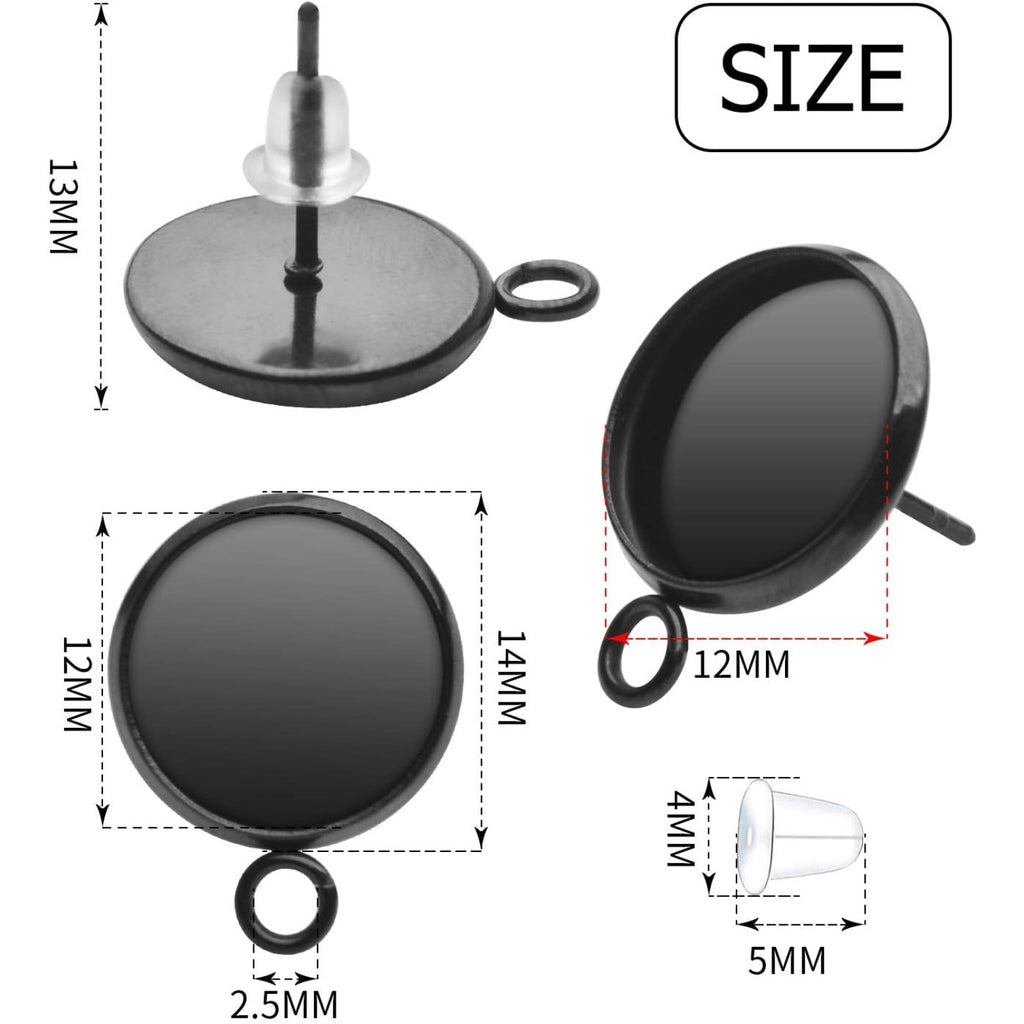 Earring Studs Posts, 20Pcs Earring Studs with Loop Stainless Steel Cabochon Setting Round Earrings Posts Tray Base and 20Pcs Black Earring Backs for Earring Making(Fit for 12mm)