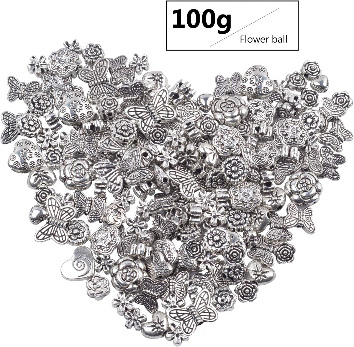 100 Gram(About 130-170pcs) Antique Tibetan Silver Alloy Butterfly Flower Beads Charm Bead Spacers Jewelry Findings Accessories for Bracelet Necklace Jewelry Making