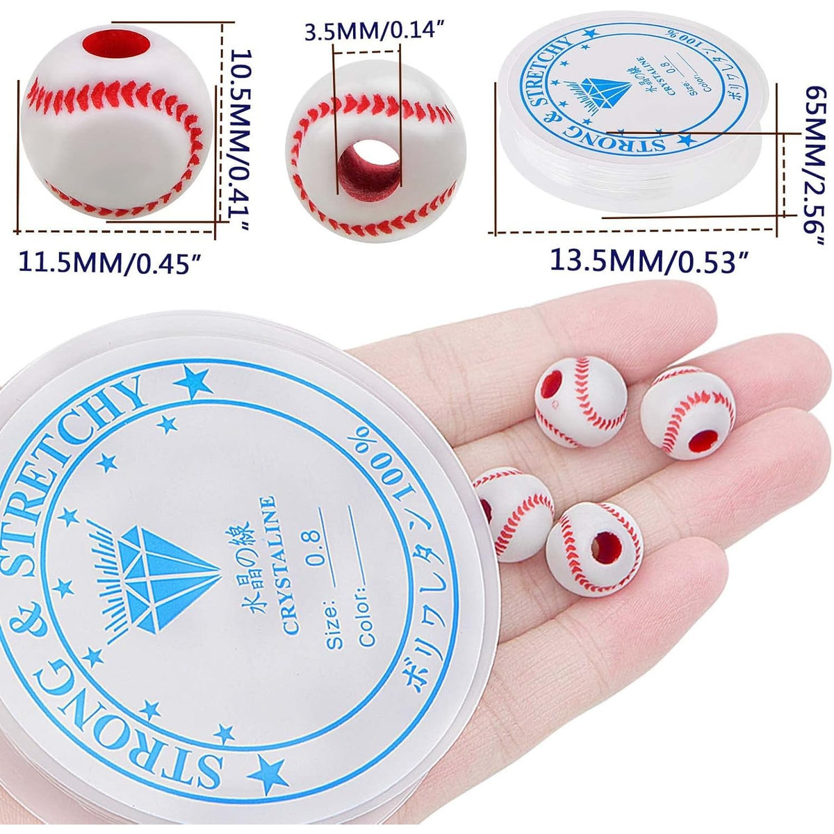 120pcs Round Baseball Spacer Beads Acrylic Baseball Sport Beads with A Roll 6 m of Elastic Crystal String for DIY Necklace Bracelet Jewelry Making Craft Projects