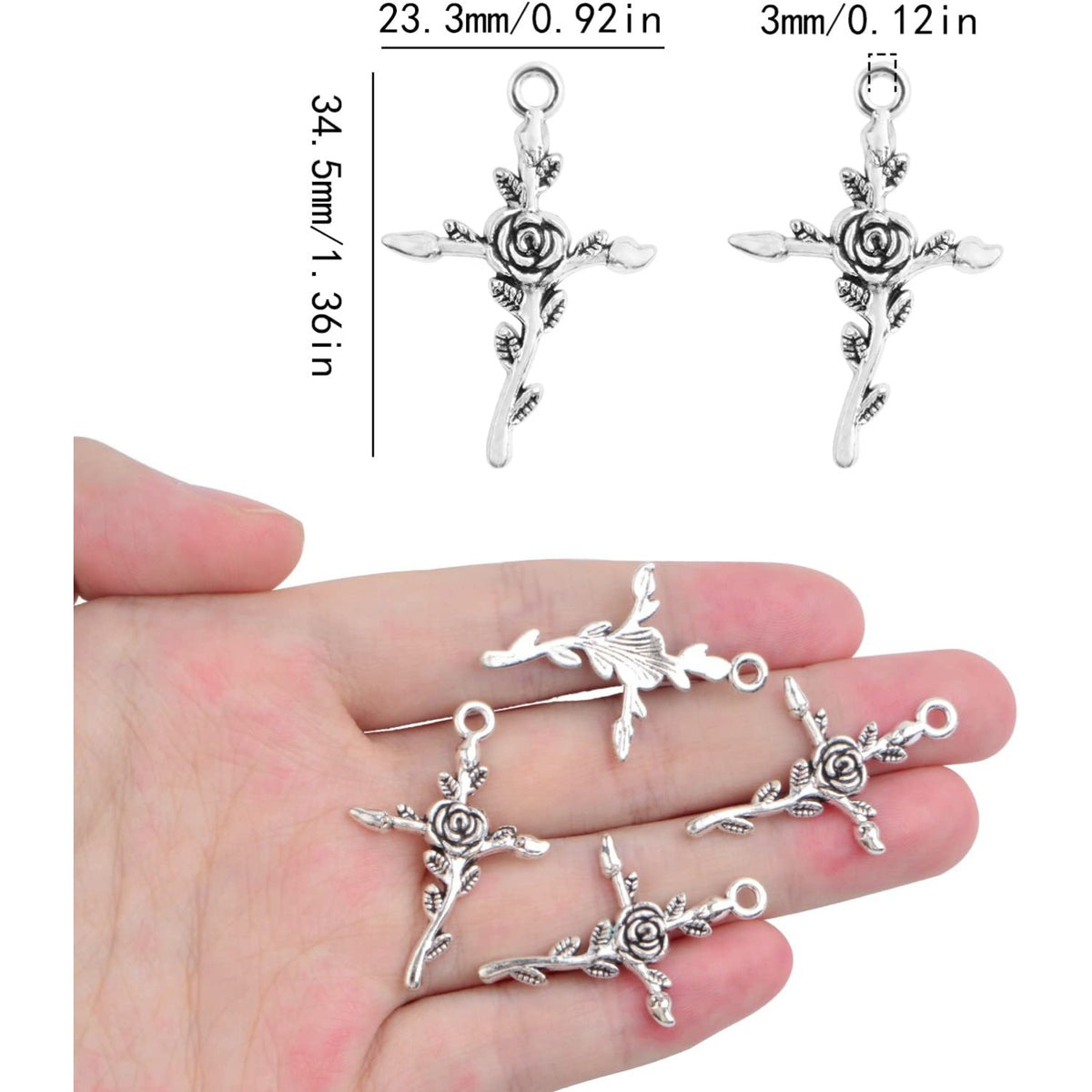 50pcs Antique Silver Cross Rose Flower Charms Vintage Alloy Cross Crucifix Shape with Flower Dangle Pendants Craft Supplies for DIY Necklace Bracelet Keychains Jewelry Making