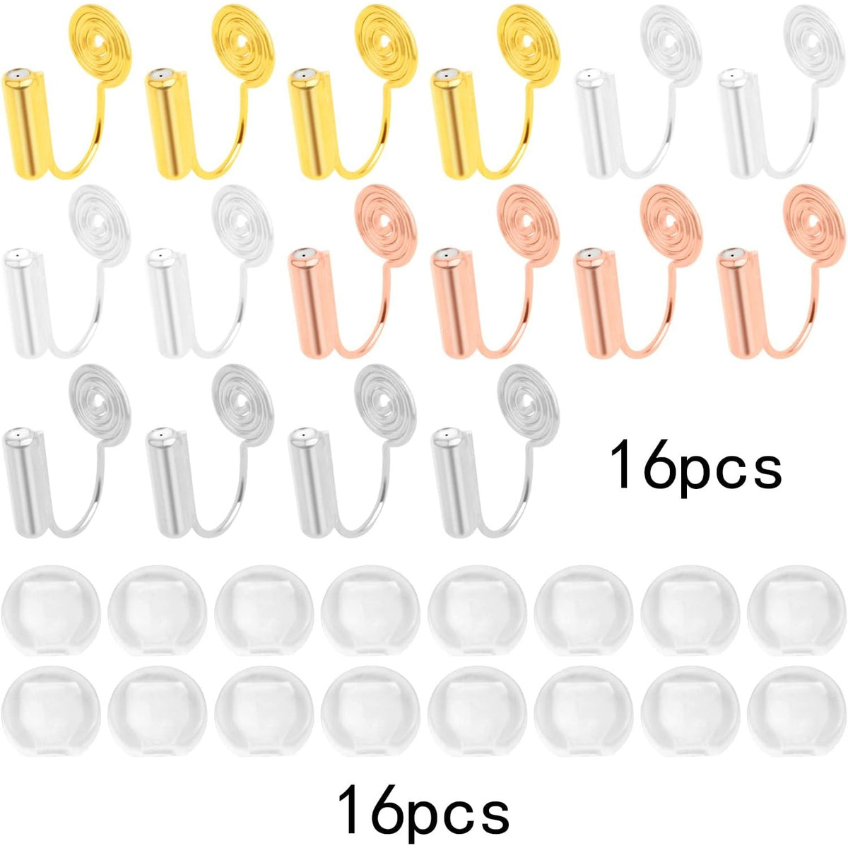 16pcs Mosquito Incense Shape Earring Clips with Post Brass Clip-on Earring Converters Components and 16pcs Painless Earring Pads for Non-Pierced Ears DIY Jewelry Making, 4 Colors