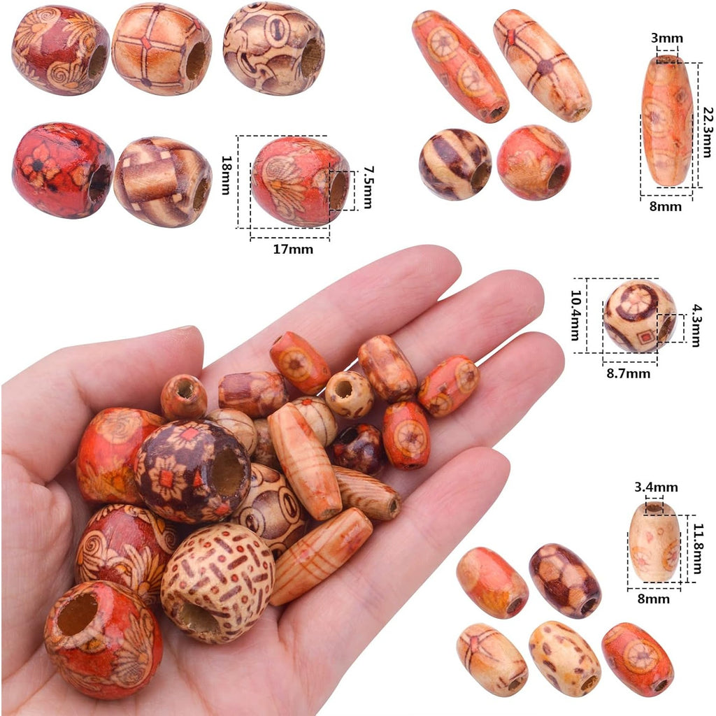200pcs Natural Printed Wooden Beads Round Barrel Oval Macrame Beads Loose Wood Spacer Beads Jewelry Making Accessories for DIY Craft Bracelet Necklace Handmade Decoration, 4 Sizes