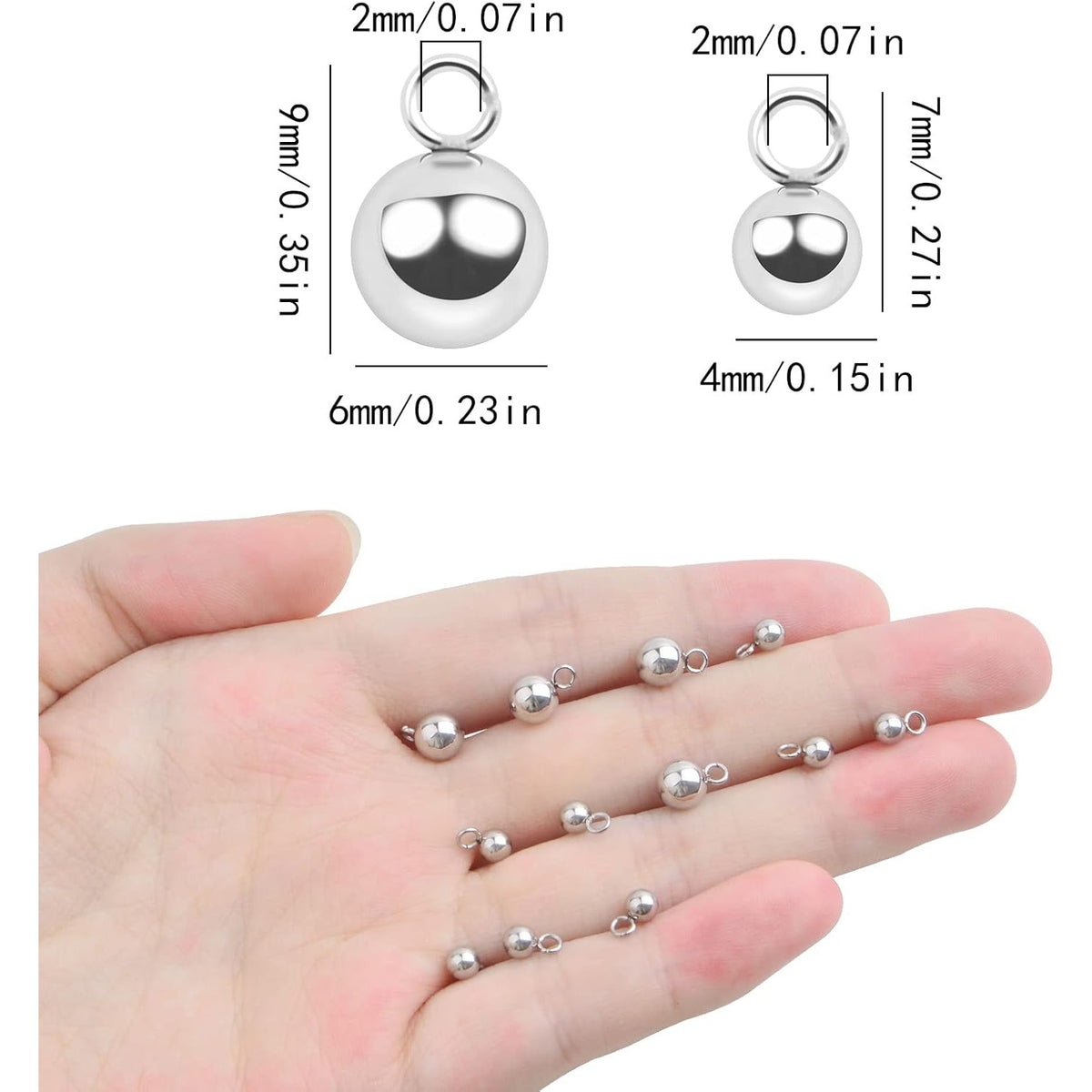 100pcs 4 mm / 6 mm Stainless Steel Smooth Seamless Solid Bead Balls Rust-Proof Round Spacer Ball Beads with Loop Ring for DIY Dangle Earrings Jewelry Making Findings