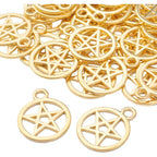 50pcs Pentacle Star Charms Alloy Round Vintage Pentagram Pendants Protection Lucky Pentagram Charms for DIY Bracelets Necklaces Craft Jewelry Making Accessory, Golden, 24.5 mm x 20 mm
