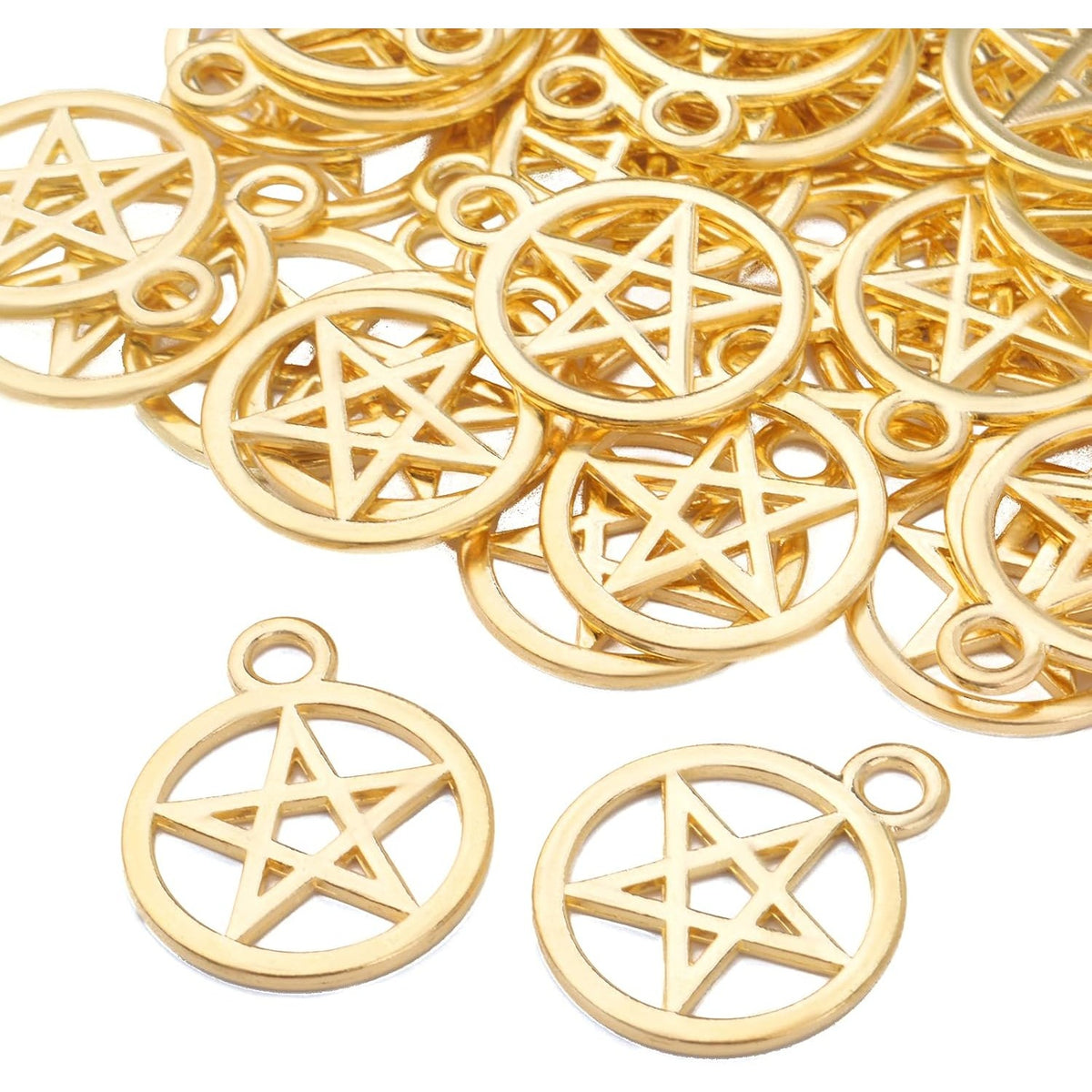 50pcs Pentacle Star Charms Alloy Round Vintage Pentagram Pendants Protection Lucky Pentagram Charms for DIY Bracelets Necklaces Craft Jewelry Making Accessory, Golden, 24.5 mm x 20 mm