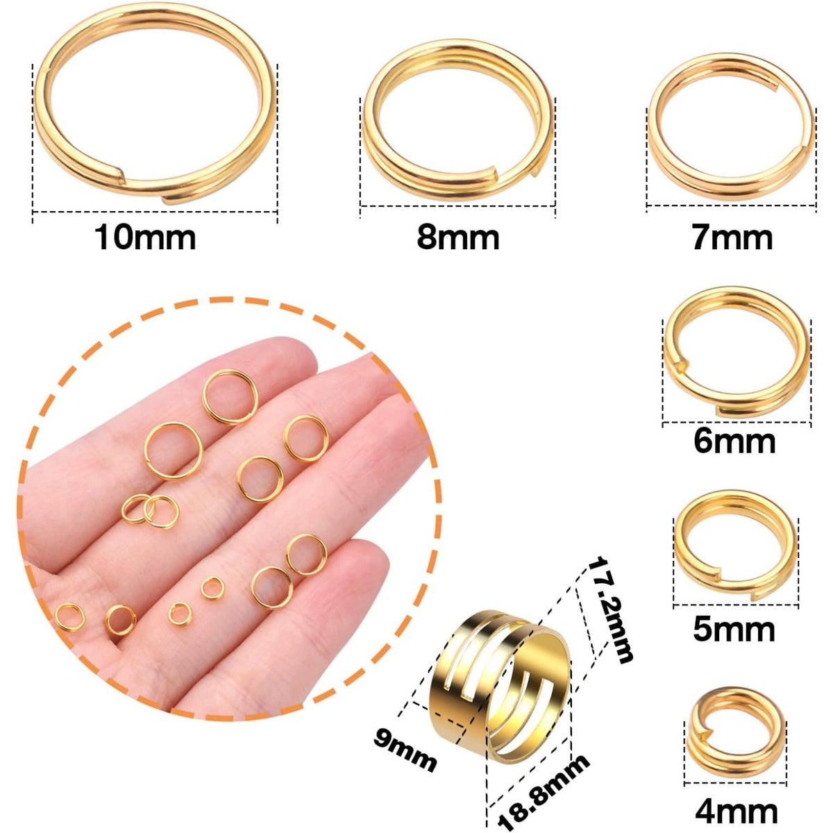 1200pcs Golden Split Jump Rings Double Closed Jump Rings Jewelry Split Rings with a Craft Jump Loop Opener for DIY Art Crafts Handmade Decoration, 4mm/5mm/6mm/7mm/8mm/10mm