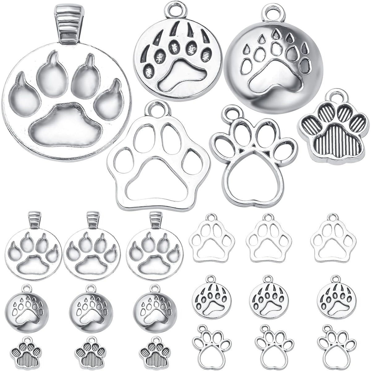 60pcs Silver Bear Dog Cat Footprint Charms Tibetan Alloy Animal Paw Prints Pendants Cute Bear Footprint Dangle Charms for DIY Bracelet Earrings Necklace Jewelry Making, 6 Styles