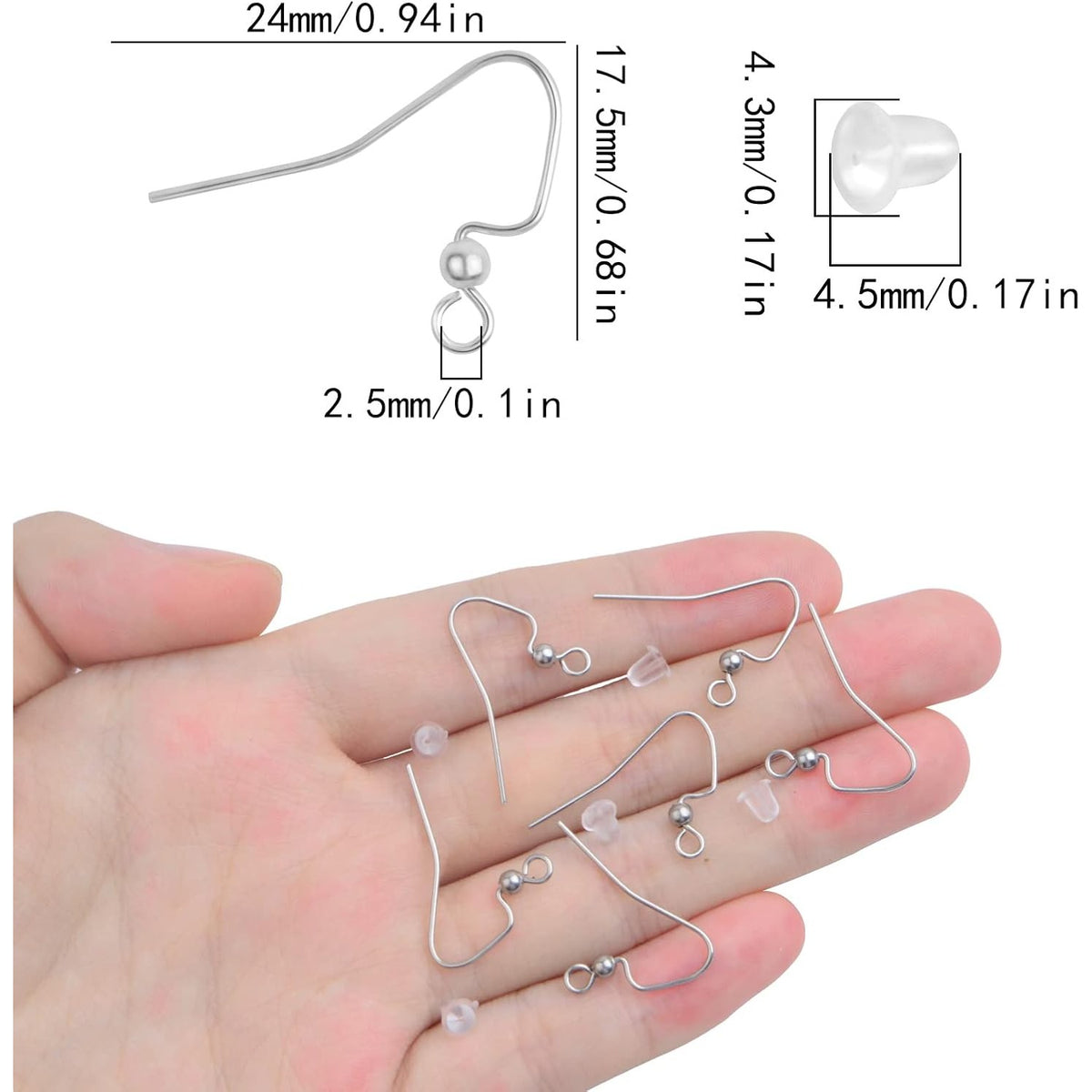 100pcs Stainless Steel Earring Hooks Hypoallergenic French Ear Wire Ball Fish Hooks with 100pcs Clear Earring Safety Backs for DIY Earrings Jewelry Making Supplies