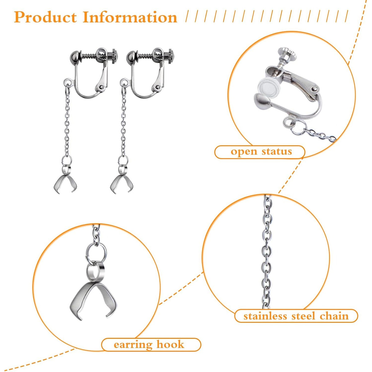 10pcs Hypoallergenic Stainless Steel Earring Hooks Screw Earring Clip Converters with Beaded Chains Pinch Clasps and 20pcs Clear Earring Backs for DIY Jewelry Making Findings