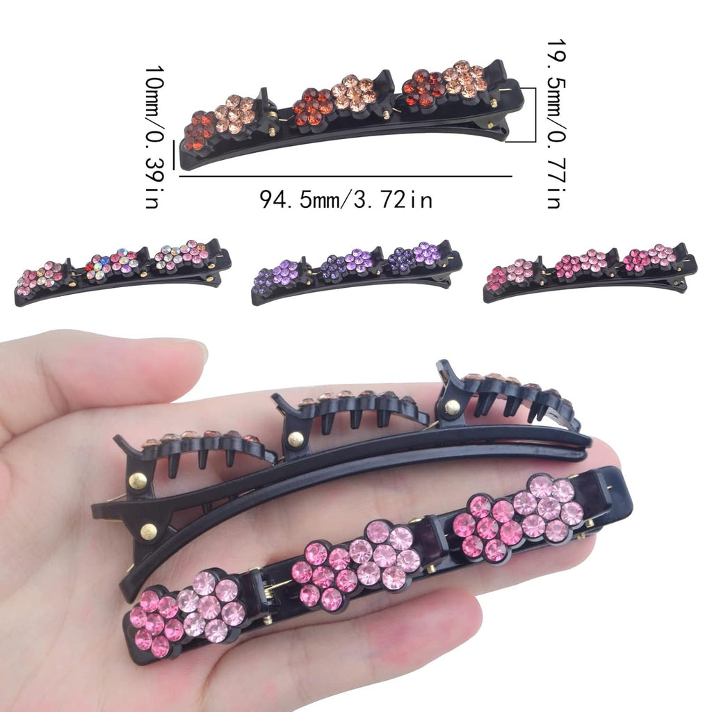 8pcs Sparkling Crystal Stone Braided Hair Clips with Triple Small Clips on Top Double Flower Rsvelte Hair Clip Barrette with Rhinestone for Women Girls Hair Sectioning Styling, 4 Colors