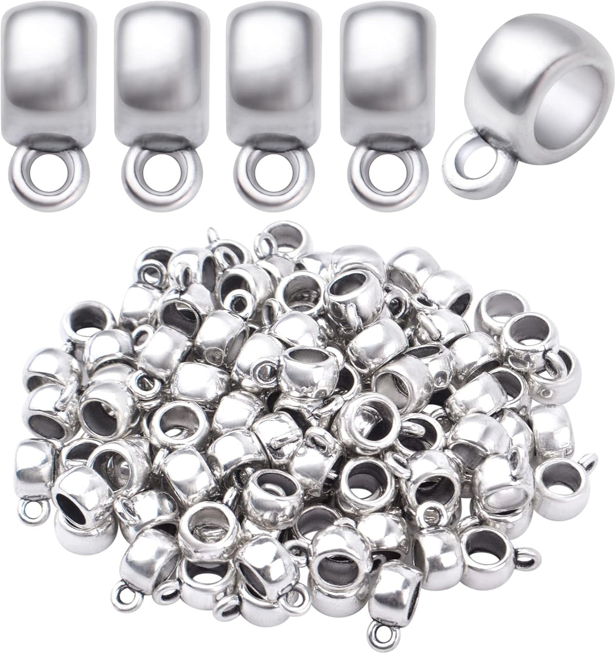 100pcs Antique Silver Bail Tube Beads Tibetan Alloy Tube Spacer Beads Vintage Hanger Dangle Connector Links for DIY European Charm Bracelet Jewelry Making Accessories